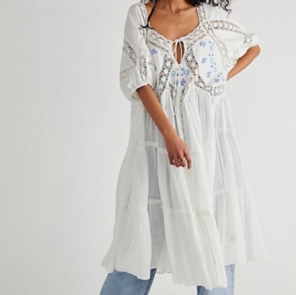 Free People Delilah Tiered Maxi Top Billowy Crochet Lace Embroidered Ivory S NWT - Picture 11 of 16